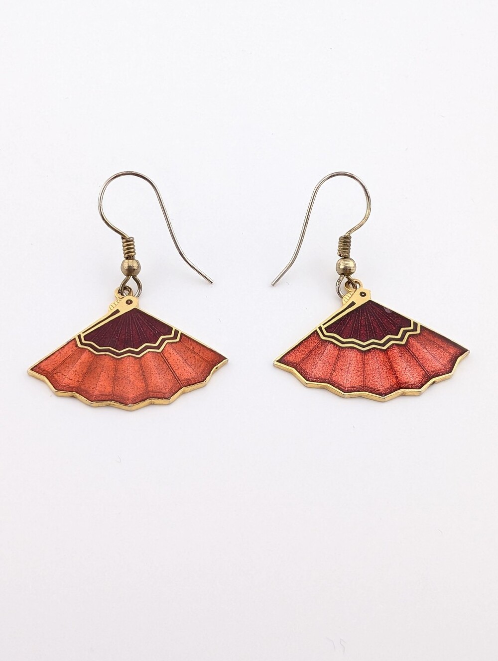 Vintage Cloisonne Fan Gold Earrings - Classic Estate Jewelry - Picture 4 of 6